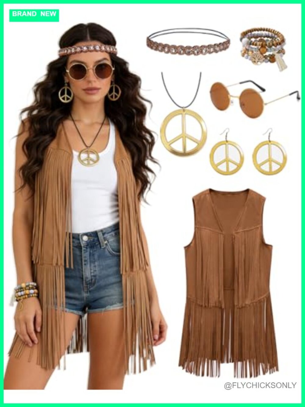 Hippie Costume Accessories Set for Women 6 Piece Fringe Vest Festival Outfit